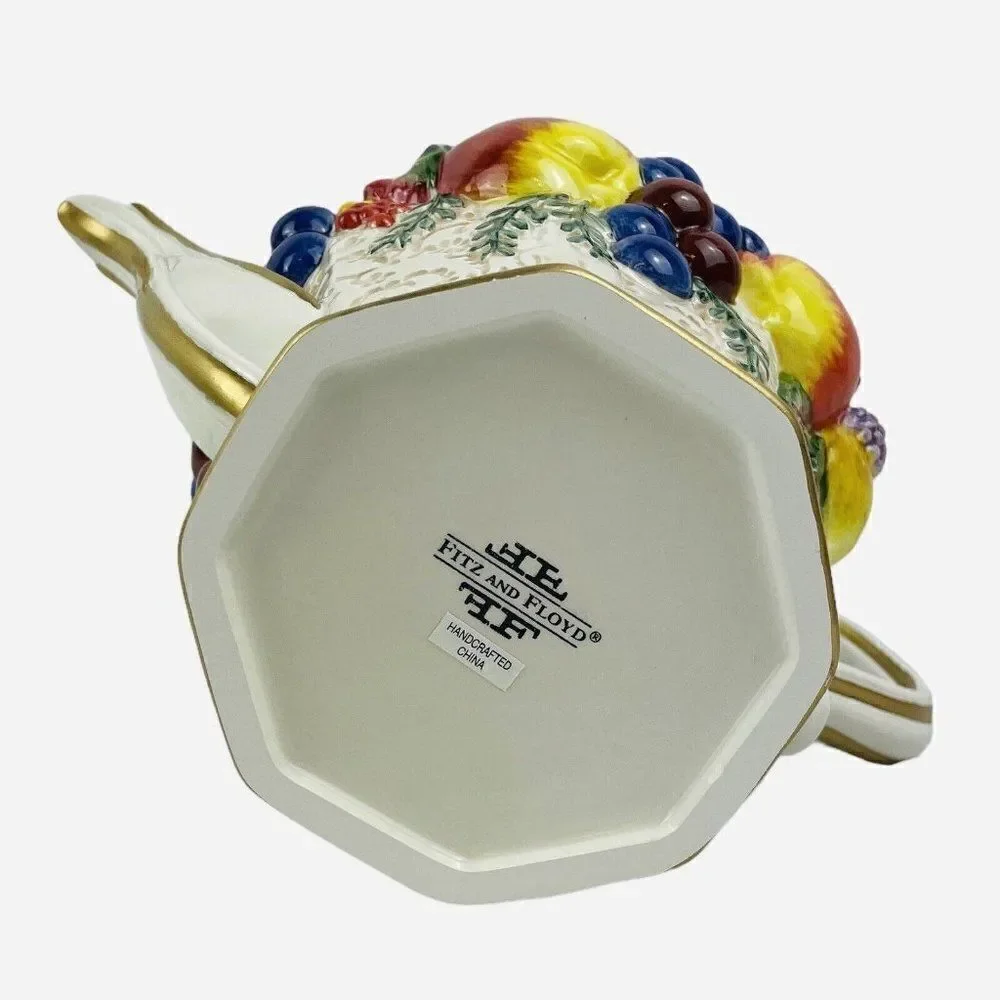 Vintage Fitz and Floyd Venezia Teapot Embossed Fruit Gold Trim Handpainted READ